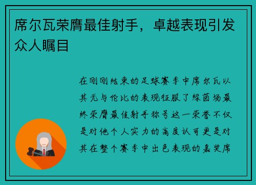 席尔瓦荣膺最佳射手，卓越表现引发众人瞩目